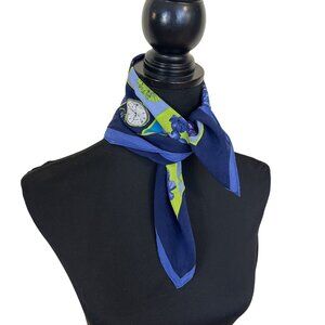 Adrienne Vittadini Blue & Green Silk Scarf Teapots Roses Clocks Checkered Vtg